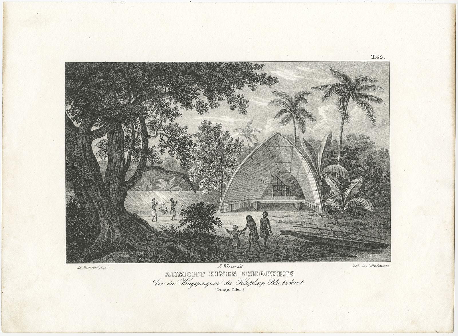 Antique print titled 'Anischt eines Schoppens der die Kriegspiroguen des Häuptlings Palu beschirmt'. 

Old print of a building protecting the warriors of Chief Palu, Tonga Tabu. This print originates from 'Entdeckungs, Reise der Franzosischen