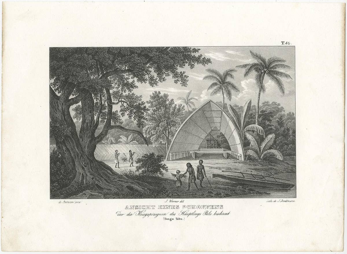Old Print of a Building Protecting the Warriors of Chief Palu, Tonga Tabu, 1836