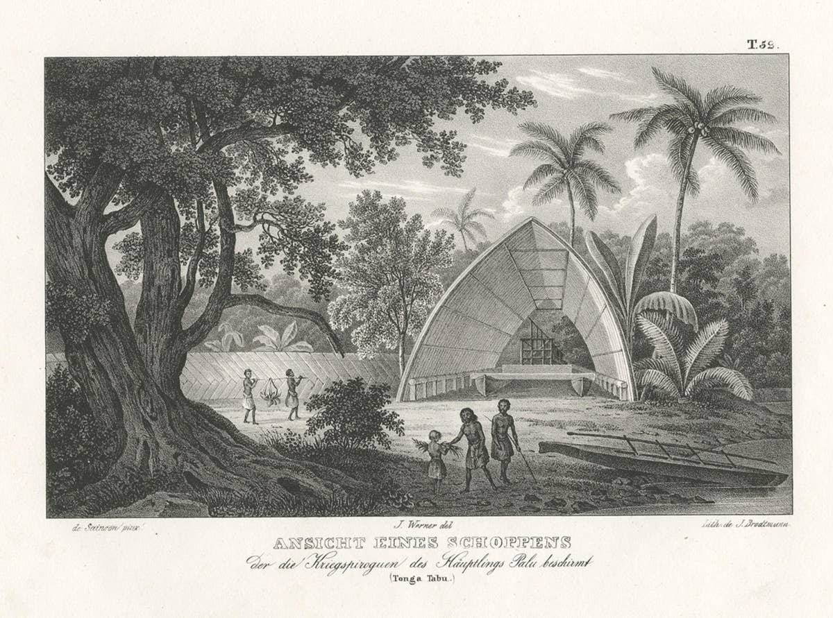 Old Print of a Building Protecting the Warriors of Chief Palu, Tonga Tabu, 1836