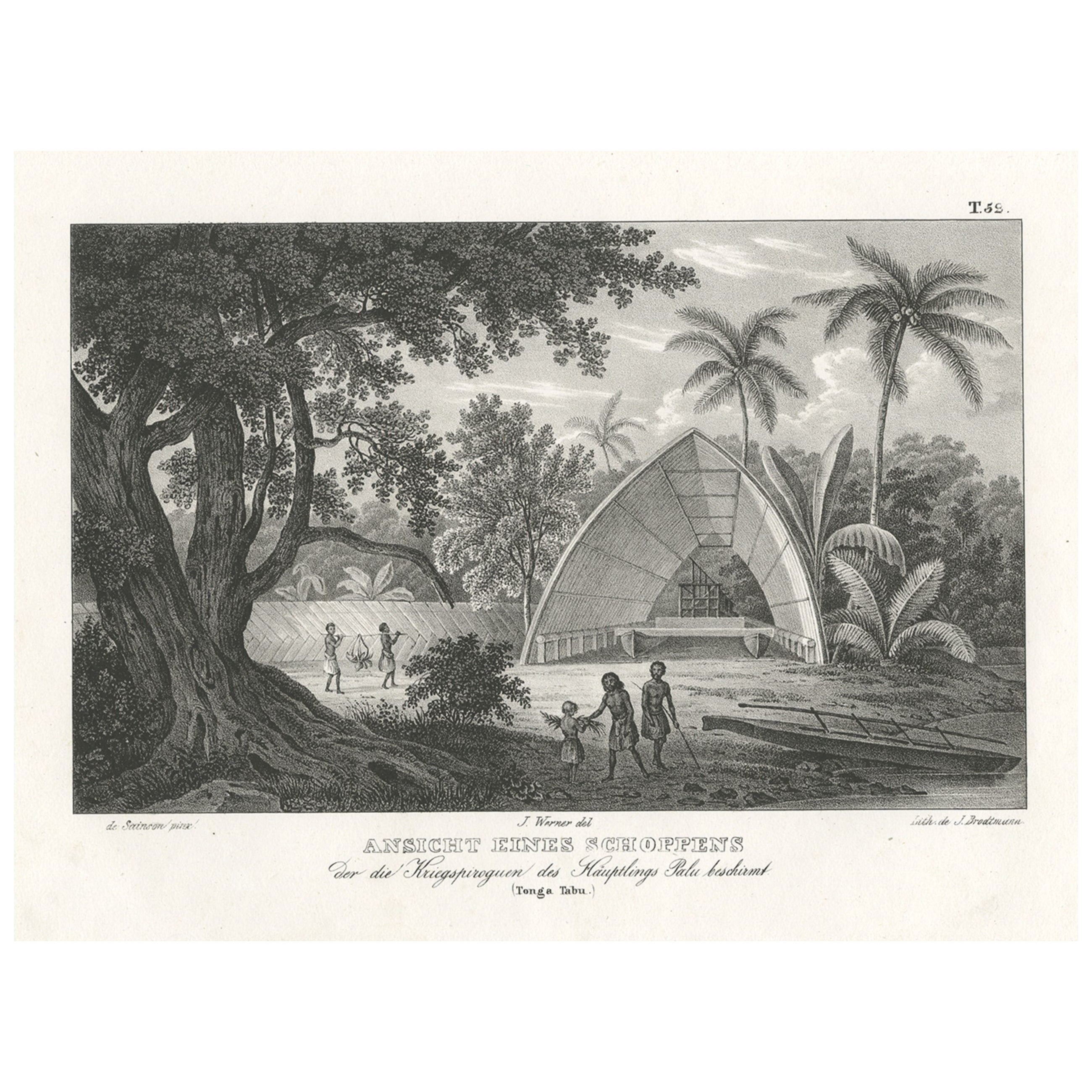Old Print eines Gebäudes, das die Krieger von Chief Palu beschützt, Tonga Tabu, 1836