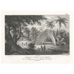 Old Print eines Gebäudes, das die Krieger von Chief Palu beschützt, Tonga Tabu, 1836