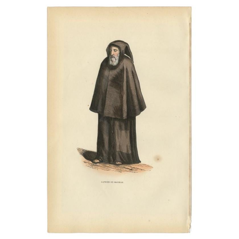 Old Print of a Capuchin in Coat, a Religious Order of Franciscan Friars, 1845 For Sale