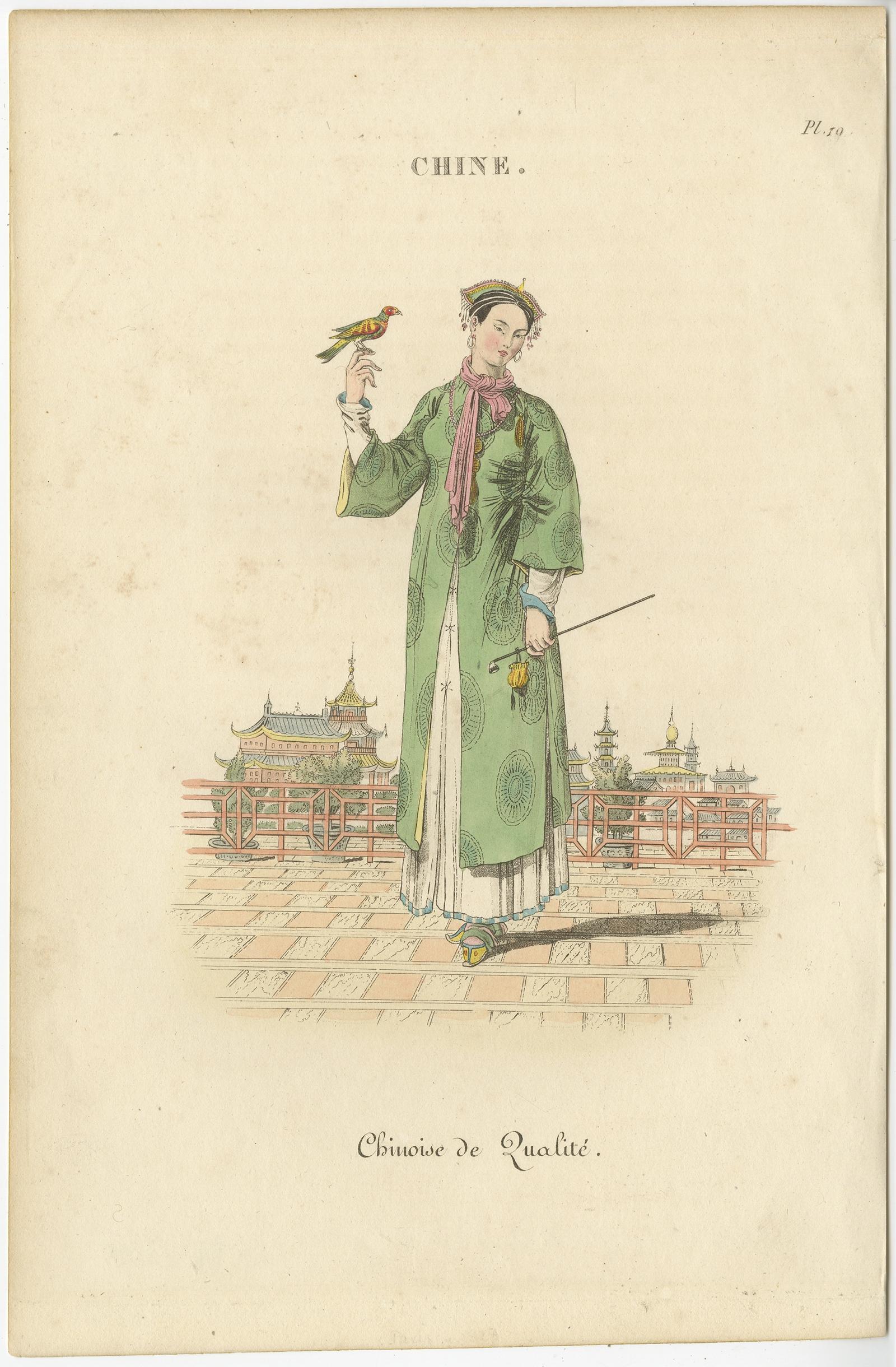 Antique print titled 'Chinoise de Qualité'. 

Old print of a Chinese lady holding a bird, China. Also shows pagodas. Source unknown, to be determined. 

Artists and Engravers: Anonymous.