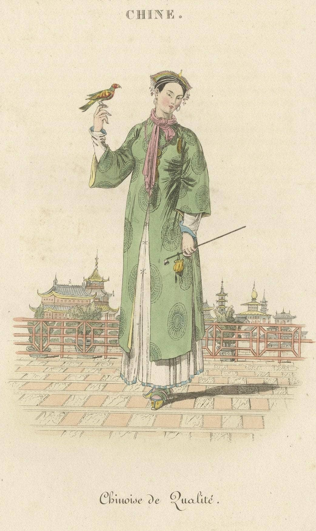 Old Print of a Chinese Lady Holding a Bird in Front of a Pagoda in China, c.1820