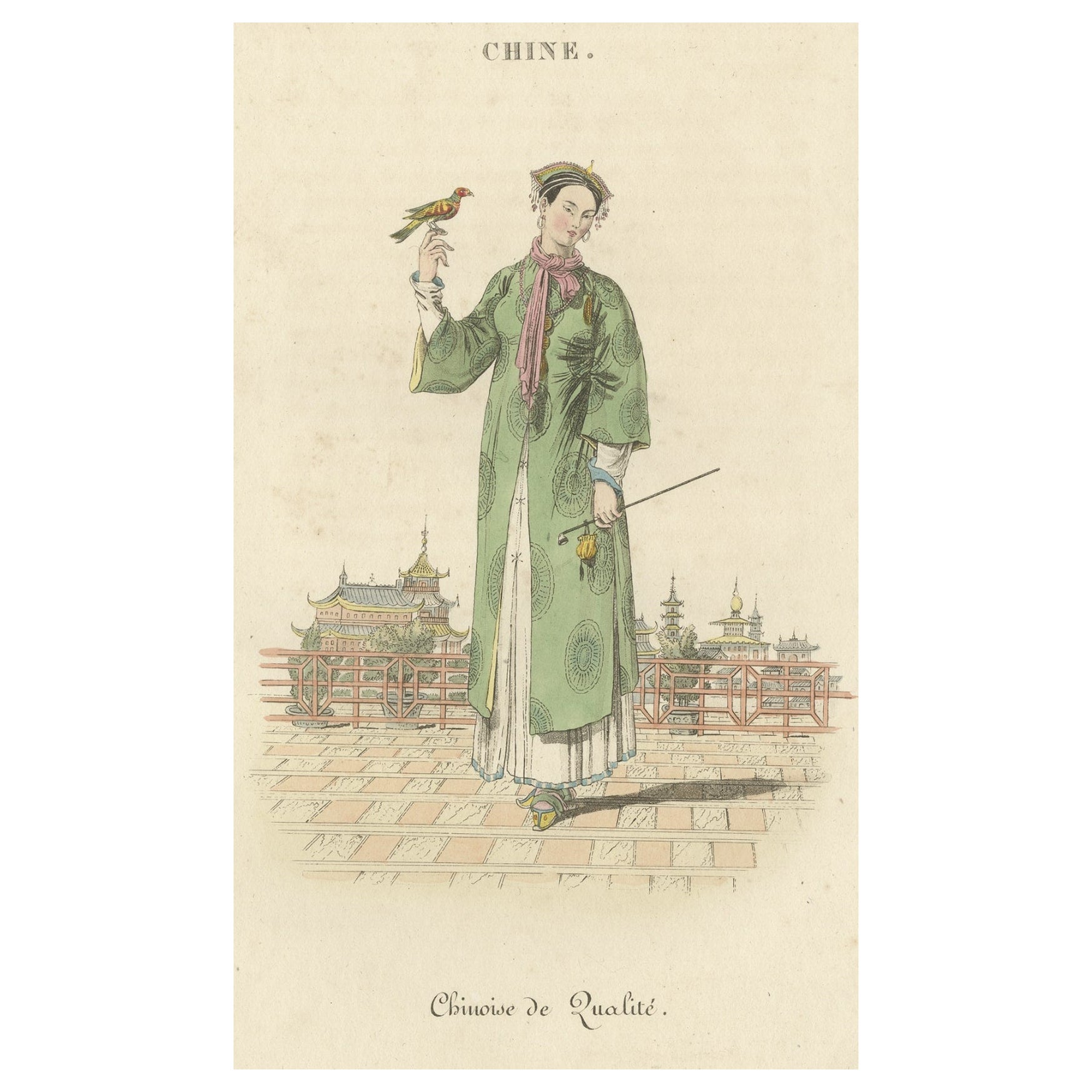 Old Print of a Chinese Lady Holding a Bird in Front of a Pagoda in China, c.1820 For Sale