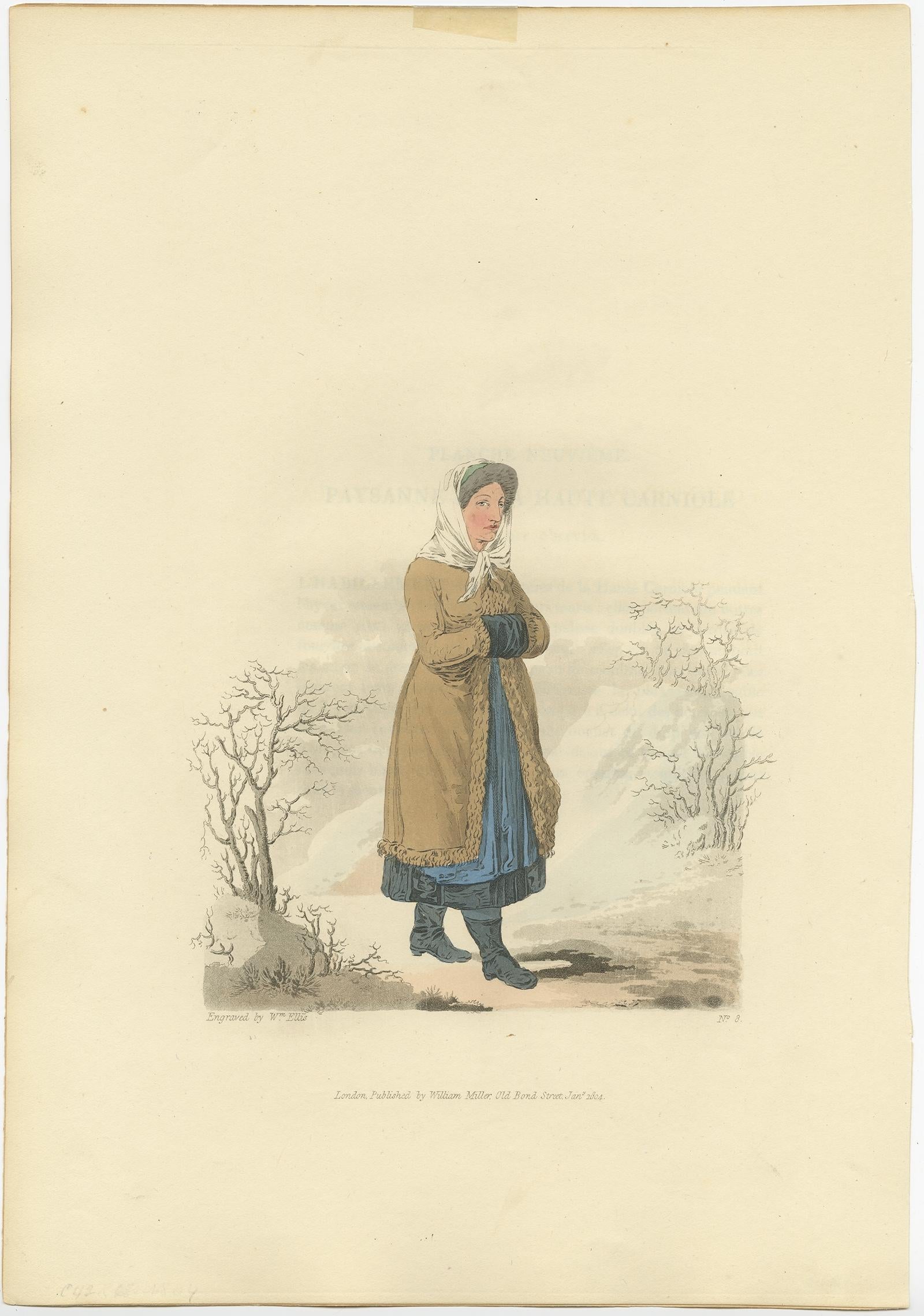 Old print of a countrywoman of Upper Carniola, Slovenia. 

This print originates from 'The Costume of the Hereditary States of the House of Austria' by William Miller. 

Artists and engravers: Engraved by William Ellis.