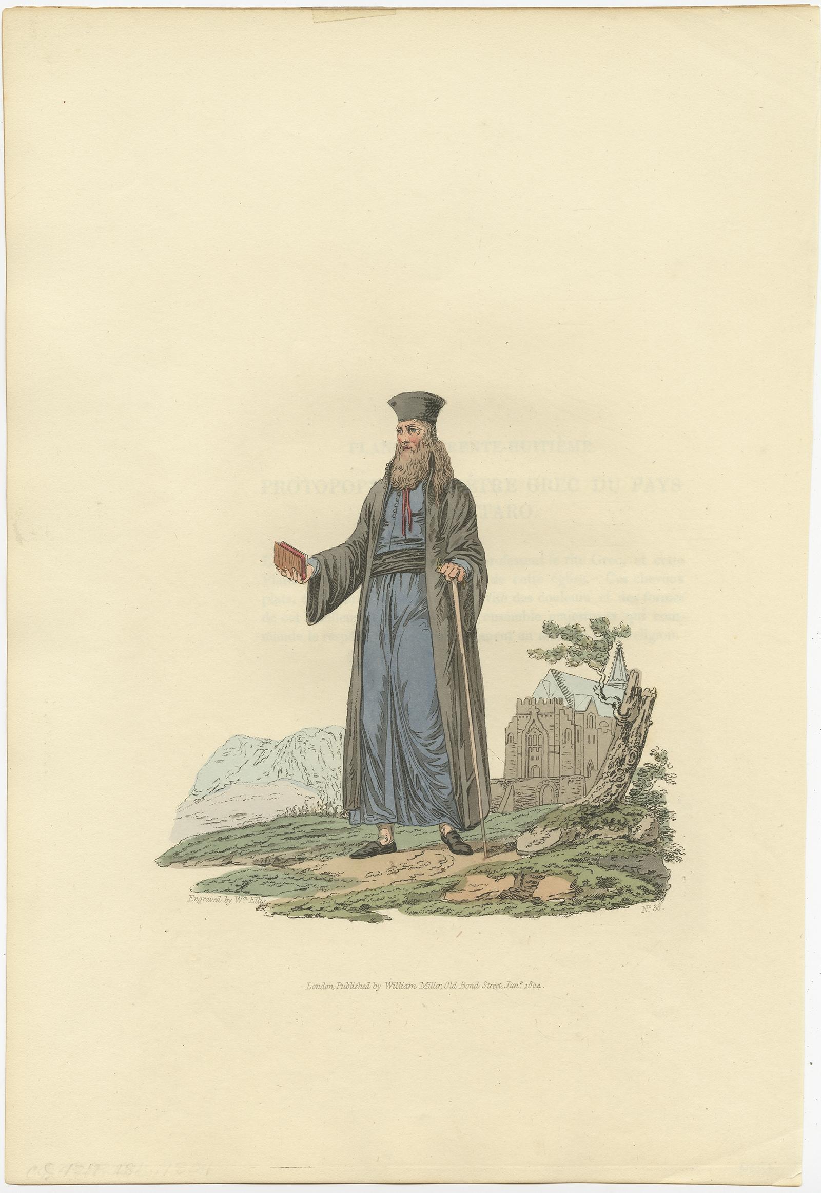 Description: Old print of a Greek Priest of the Country of Cattaro. 

Kotor ( Italian: Cattaro) is a coastal town in Montenegro. It is located in a secluded part of the Bay of Kotor. The city has a population of 13,510 and is the administrative