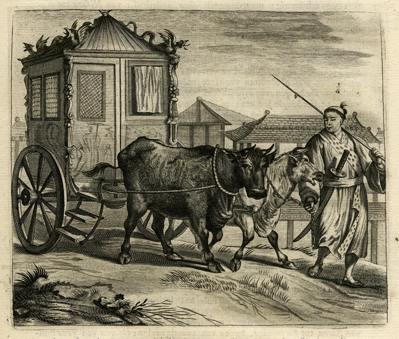 Antique print titled 'Groote Staatsie der Kaisarlyke Nicht.' 

This print shows a large procession of the Emperor's Niece. It shows a small carriage drawn by two oxen and led by a servant. This carriage was a noblewoman's carriage. Arnoldus