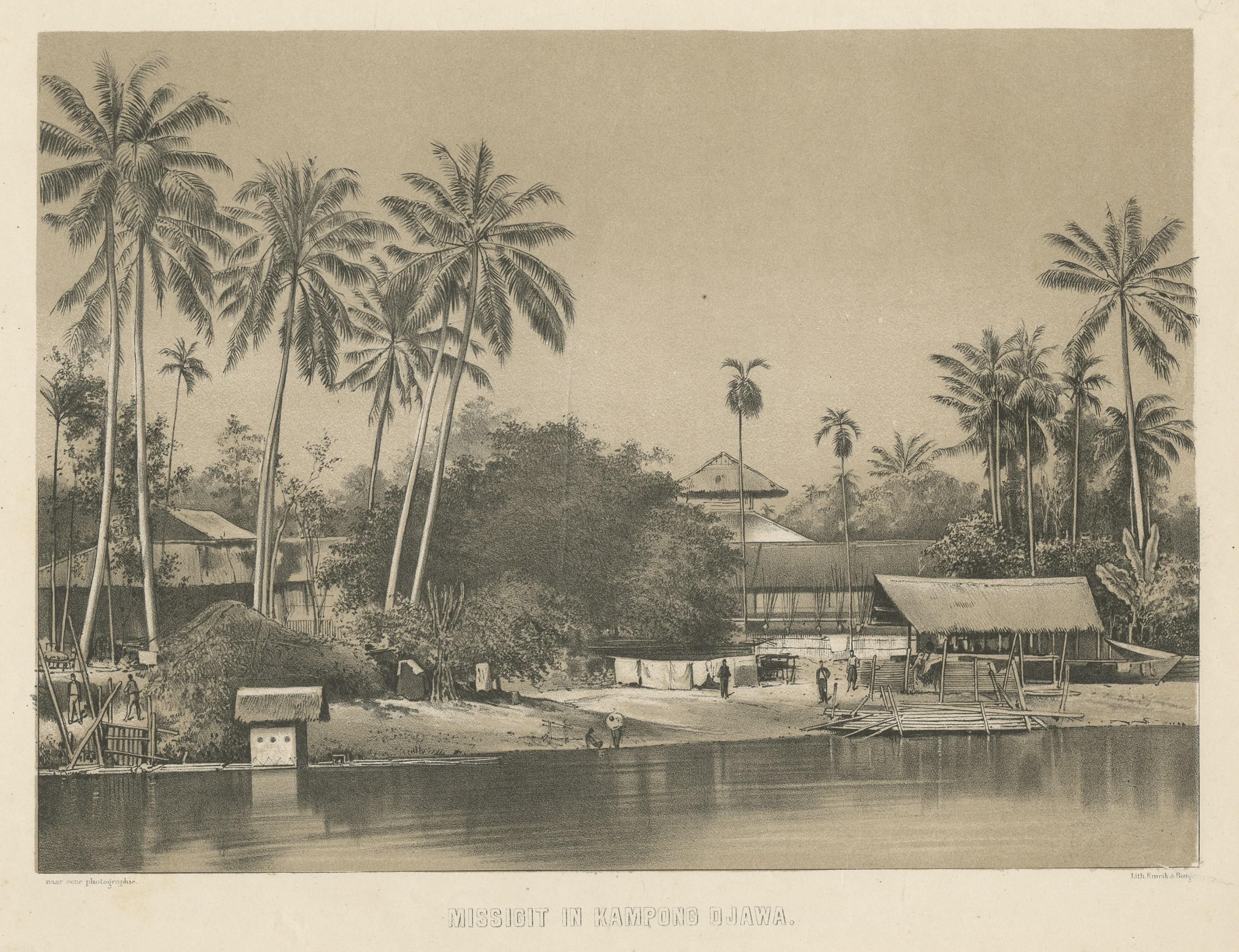 Old Print of a Mosque in a Kampung Java or Village of Javanese, Indonesia, 1874 In Fair Condition For Sale In Langweer, NL