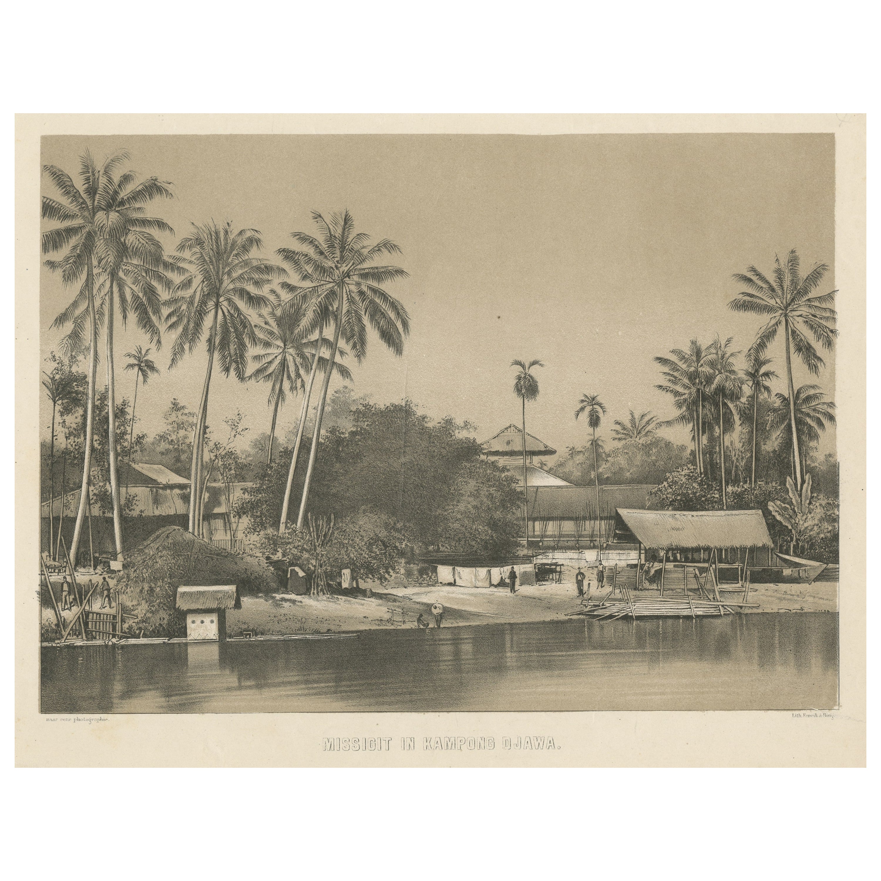 Old Print of a Mosque in a Kampung Java or Village of Javanese, Indonesia, 1874 For Sale