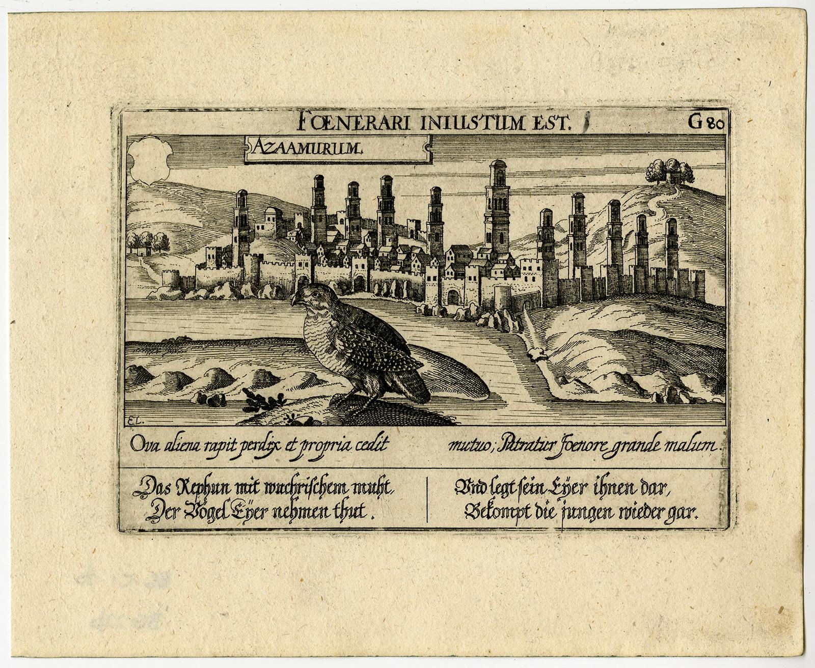 Antique print, titled: 'Azaamurum.' - Caption in the top reads: 'Foenerari iniustum est'. 

A partridge in the foreground, with the walled city (Azemmour in Morocco) behind.

From: 'Thesauri Philo-Politici' / 'Thesaurus Philopoliticus' /