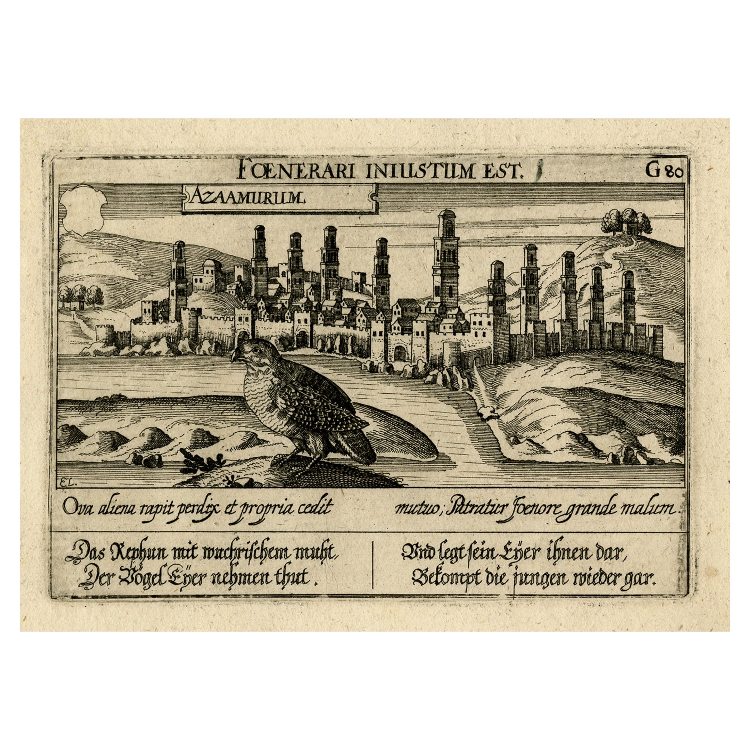 Old Print of a Partridge in Front of The Walled City of Azemmour, Morocco, c1630 For Sale