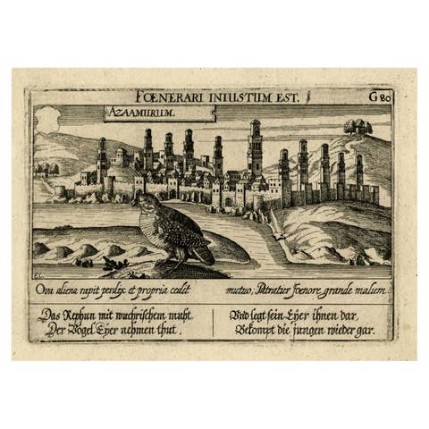 Old Print of a Partridge in Front of The Walled City of Azemmour, Morocco, c1630