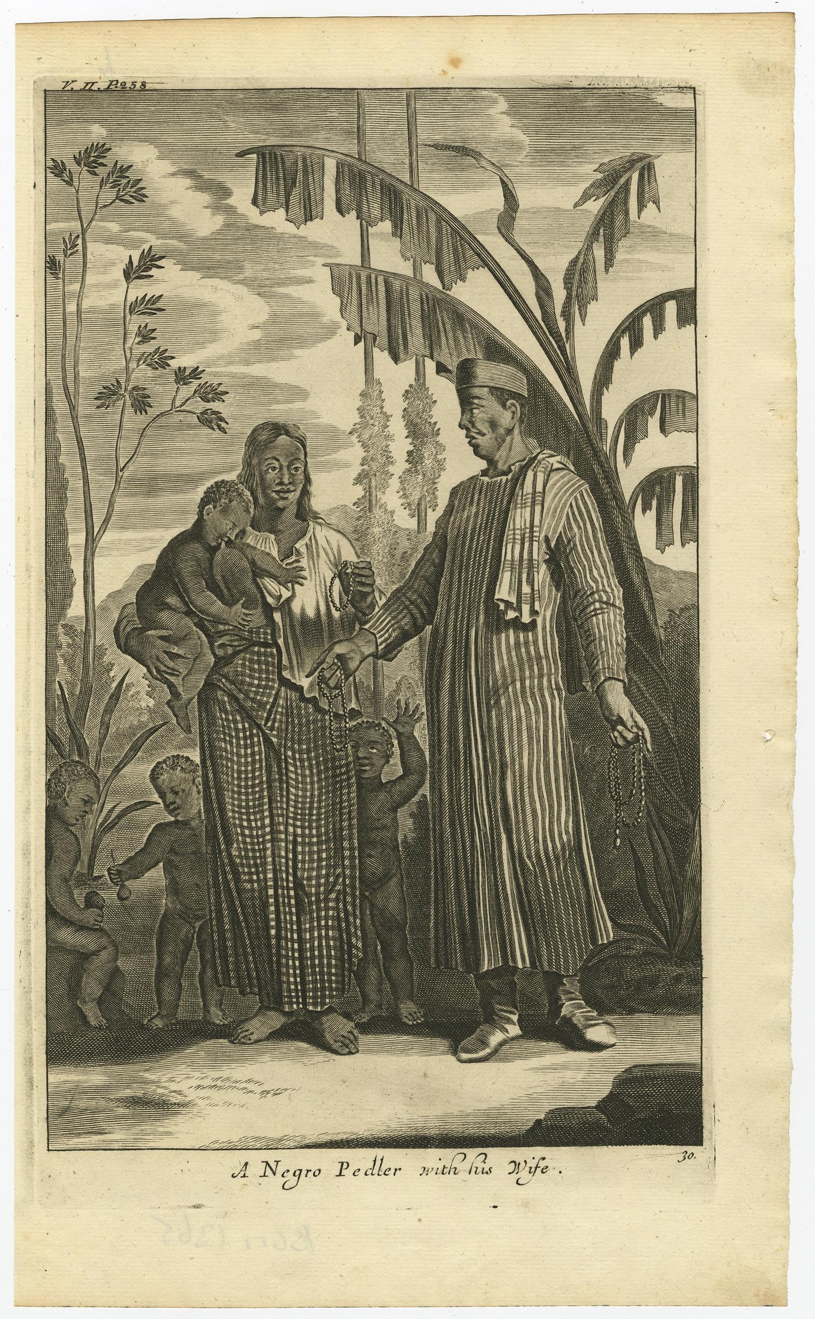 Antique print, titled: 'A Negro Pedler with his wife.' - This plate shows a black skinned peddler and his wife, Indonesia. It originally accompanied J. Nieuhof's account of his 'Voyages and Travels to the East-Indies' in the 17th century. Johan
