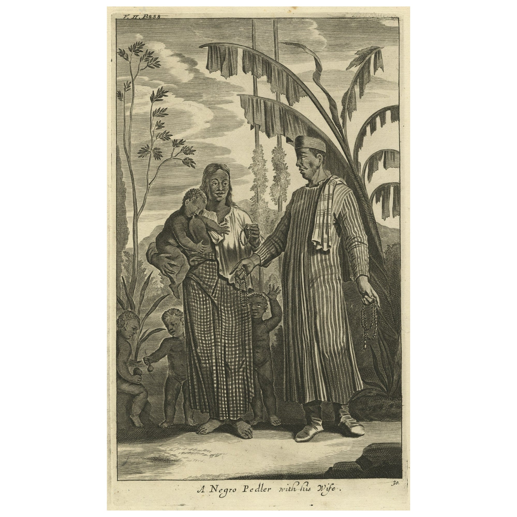 Stampa antica di Un venditore ambulante in Indonesia con moglie e figli, 1744