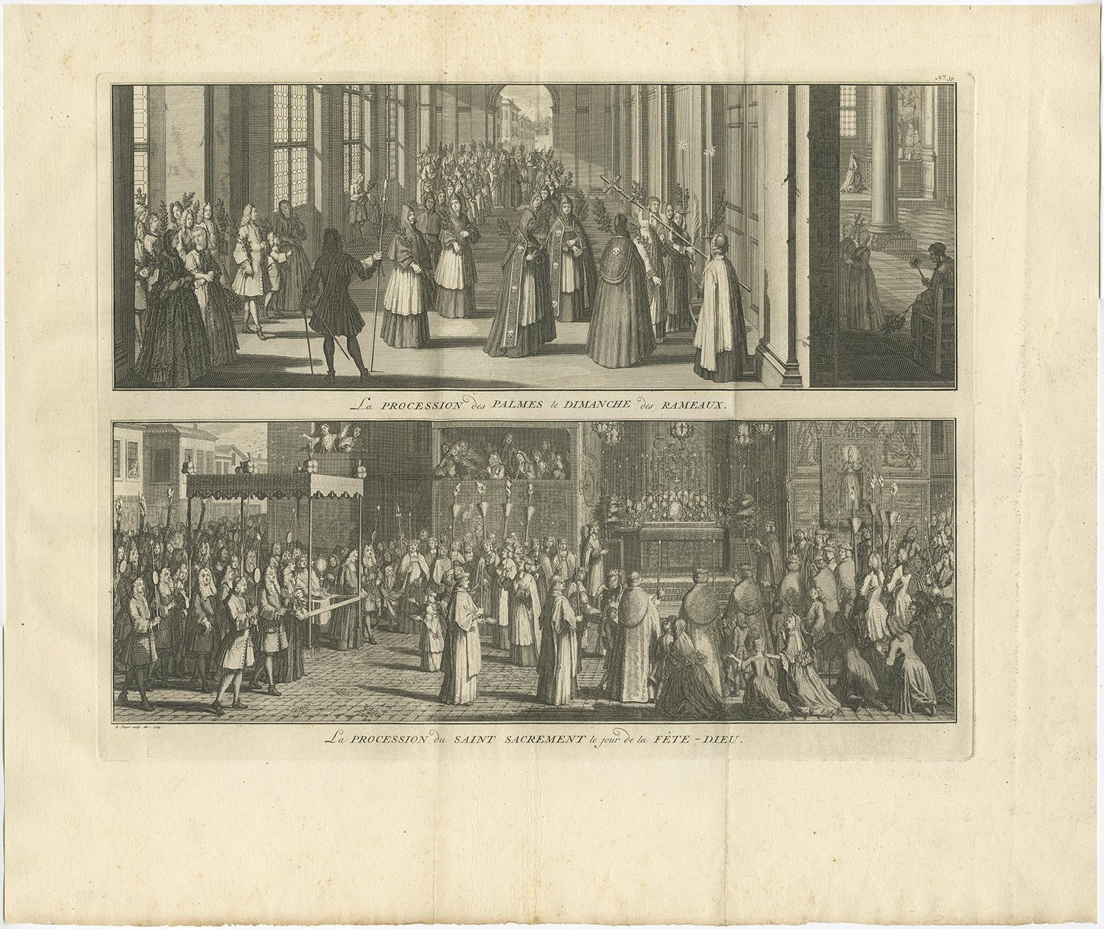 Old Print of a Religious Ceremony for Corpus Christi Day and Palm Sunday, 1725 In Good Condition For Sale In Langweer, NL