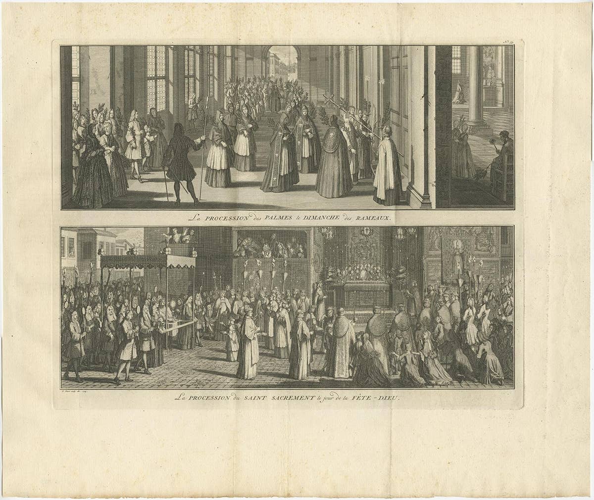 Old Print of a Religious Ceremony for Corpus Christi Day and Palm Sunday, 1725