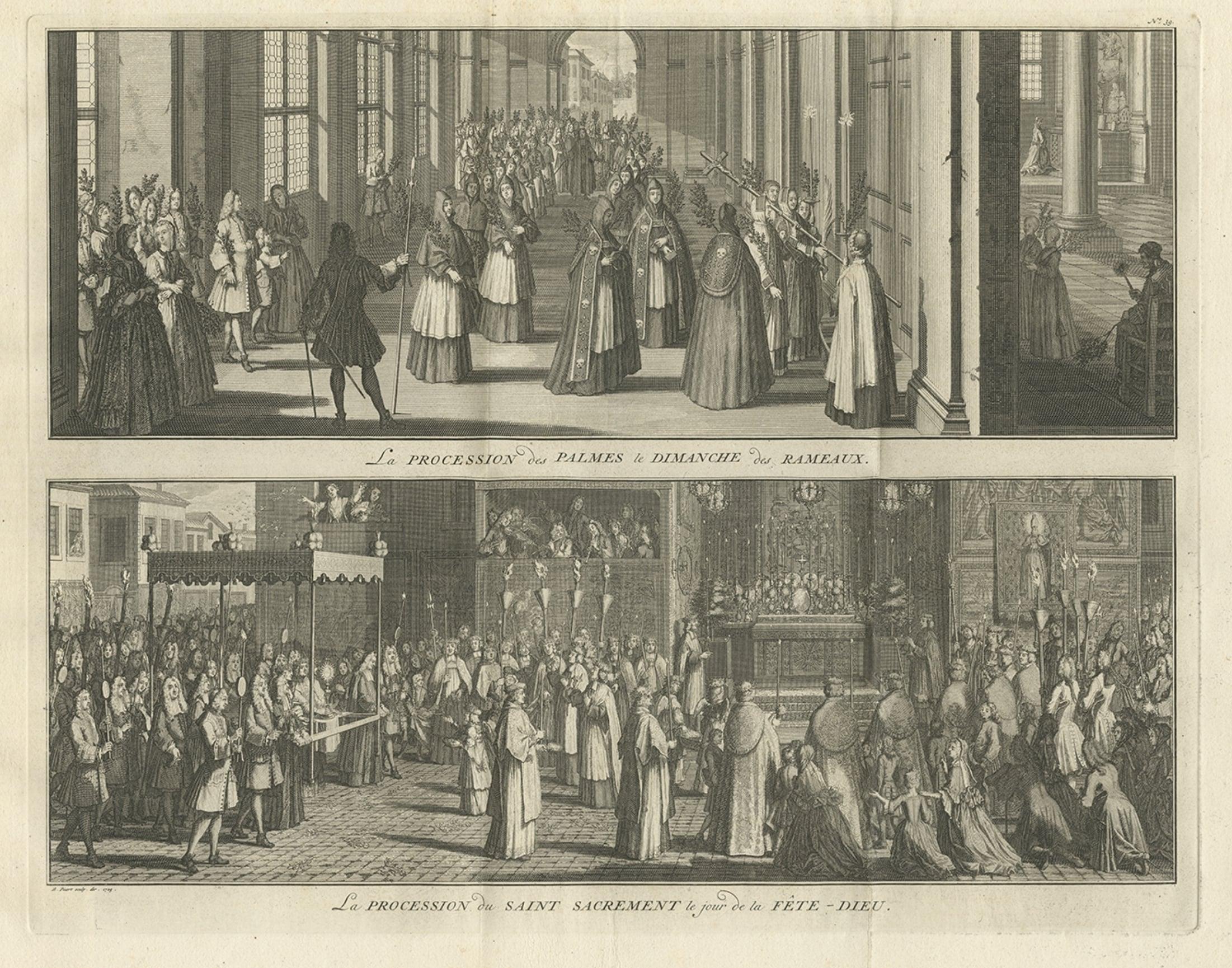 Early 18th Century Old Print of a Religious Ceremony for Corpus Christi Day and Palm Sunday, 1725 For Sale