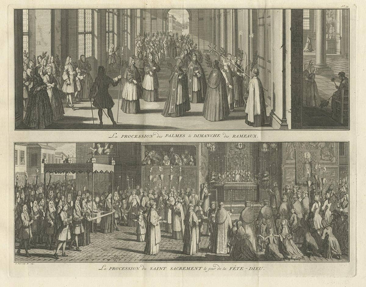 Old Print of a Religious Ceremony for Corpus Christi Day and Palm Sunday, 1725