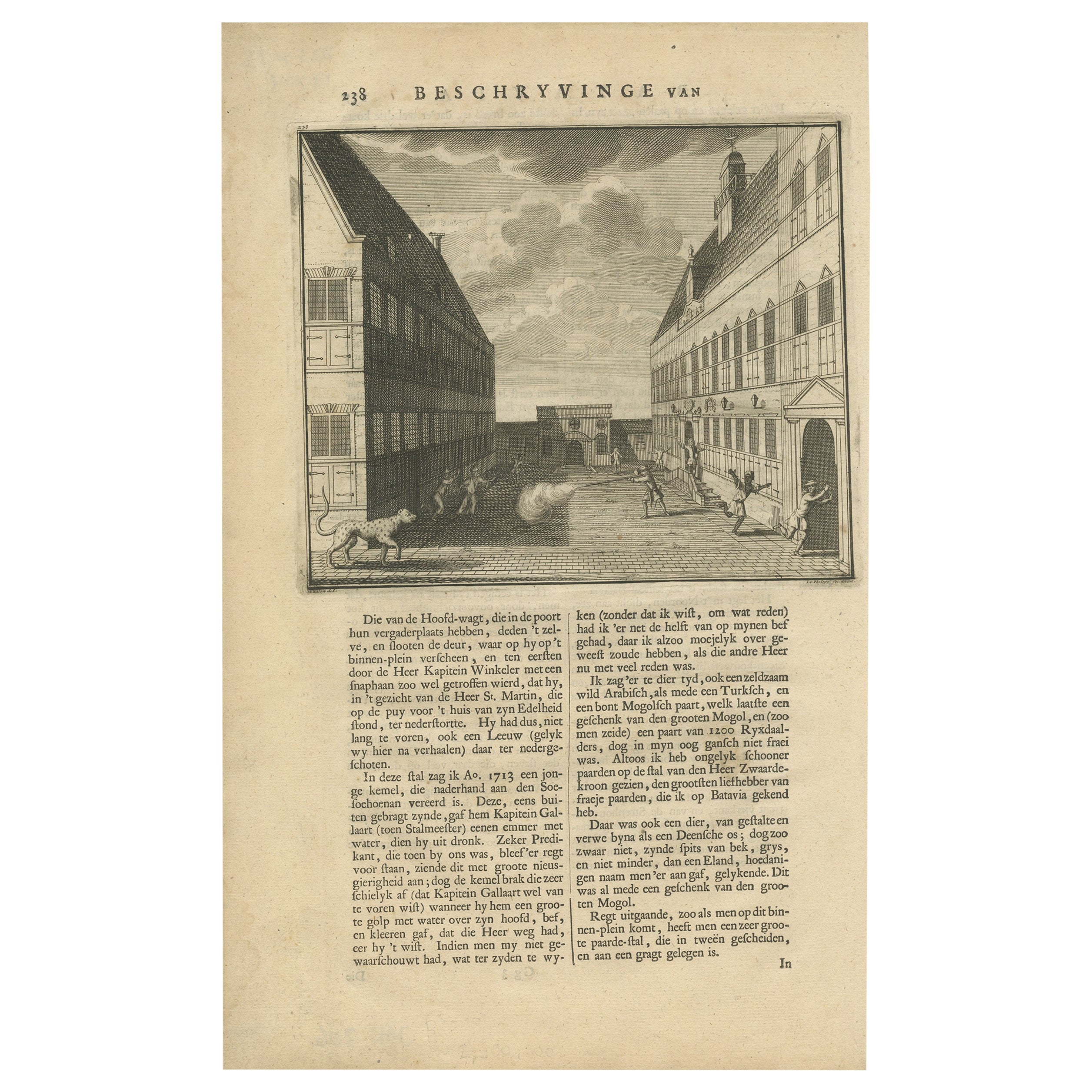 Old Print of a Shooting of a Tiger in the Court of Batavia Castle, Indonesia For Sale