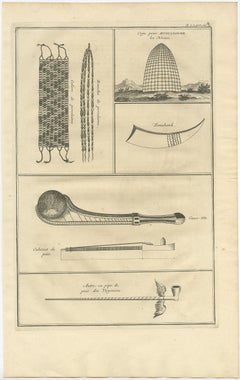 Old Print of a Tomahawk, a Peace Pipe, Jewellery, Etc of Indians, Virginia, 1727