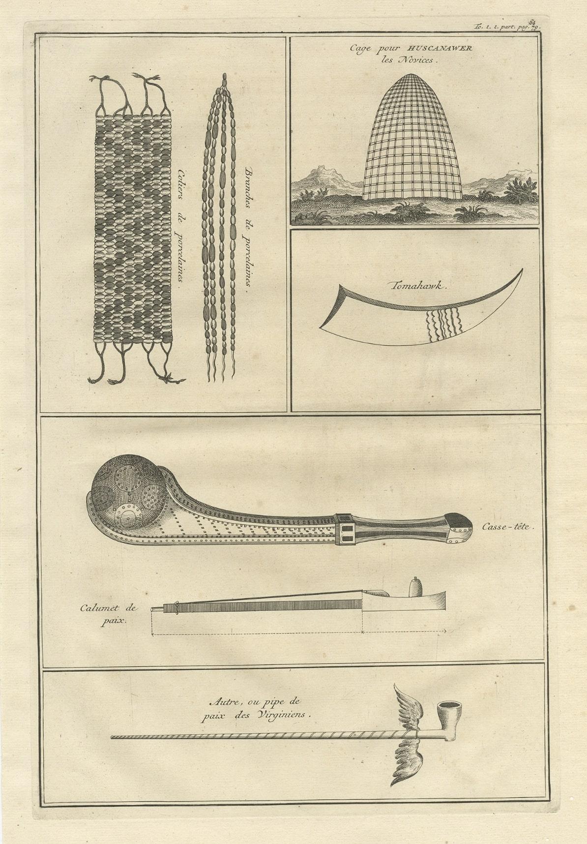 Old Print of a Tomahawk, a Peace Pipe, Jewellery, Etc of Indians, Virginia, 1727 In Good Condition In Langweer, NL