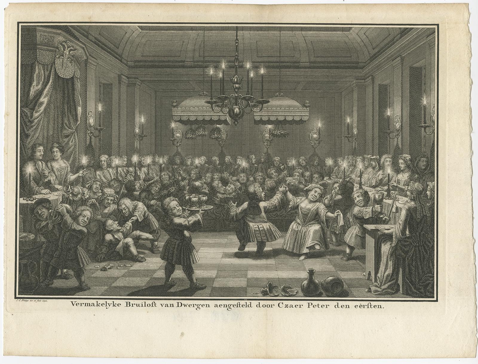 Antique print titled 'Vermakelyke Bruiloft van Dwergen aengesteld door Czaer Peter den Eersten'. 

Old print of a wedding feast with dancing dwarfs, approved by Czar Peter the Great (1682-1725).

Artists and Engravers: Jan Caspar Philips (1690 –