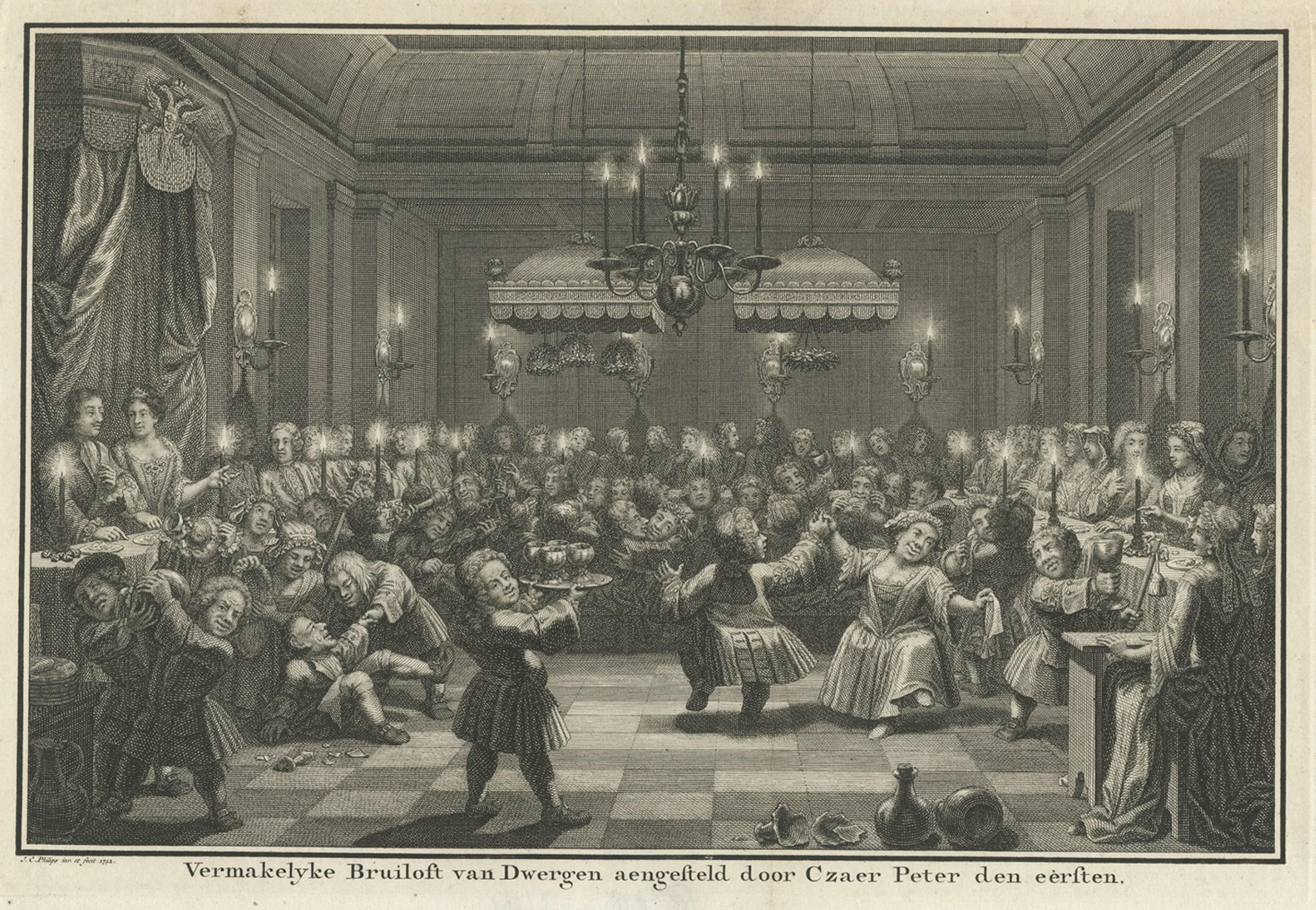 Old print of a Wedding Feast with Dancing Dwarfs, approved by Czar Peter, 1742 In Good Condition For Sale In Langweer, NL