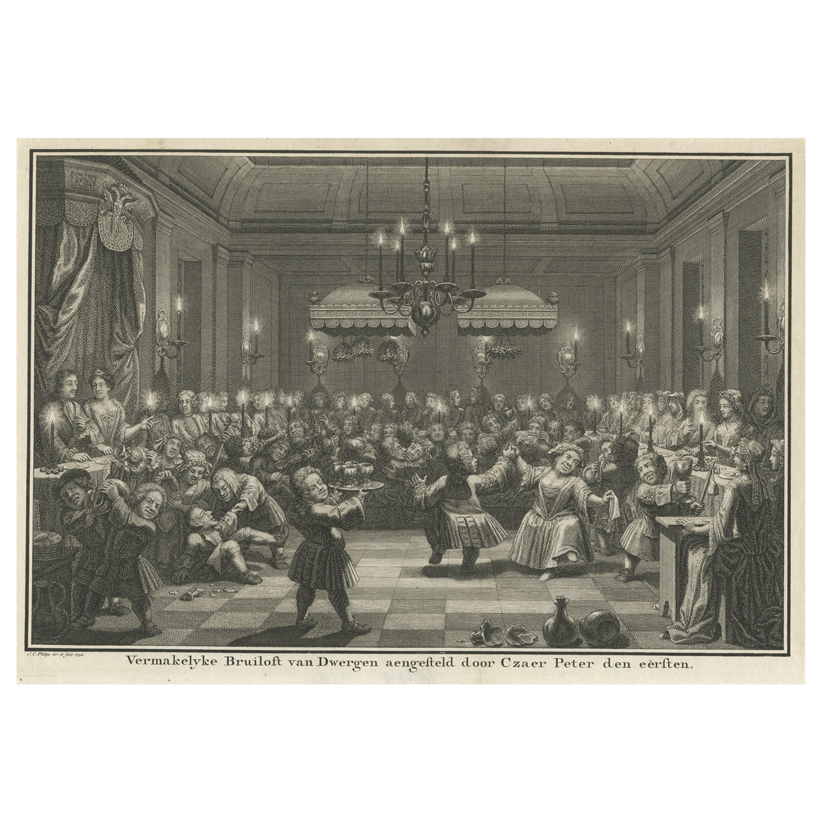 Old print of a Wedding Feast with Dancing Dwarfs, approved by Czar Peter, 1742 For Sale