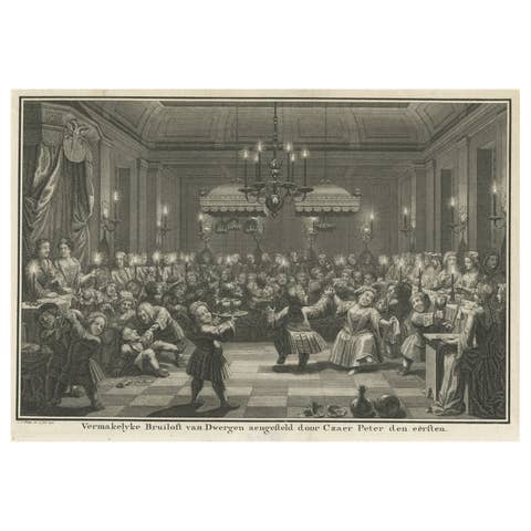 Old print of a Wedding Feast with Dancing Dwarfs, approved by Czar Peter, 1742