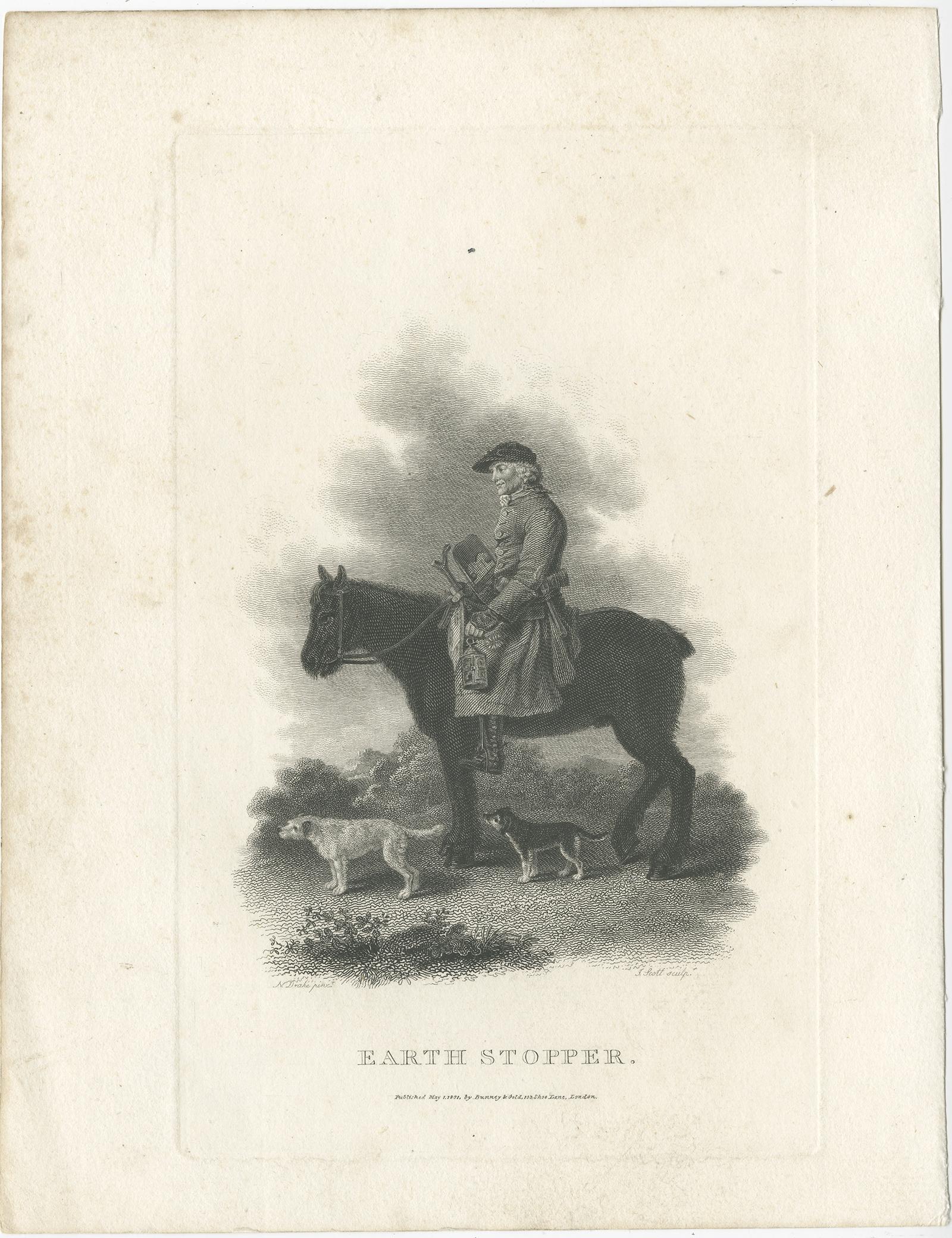 Antique print titled 'Earth Stopper'. 

This print was created in 1801 in London for William Barker Daniel's work on British rural sports. An Earth Stopper is one that stops up fox holes prior to a hunt. 

Artists and Engravers: Author: William