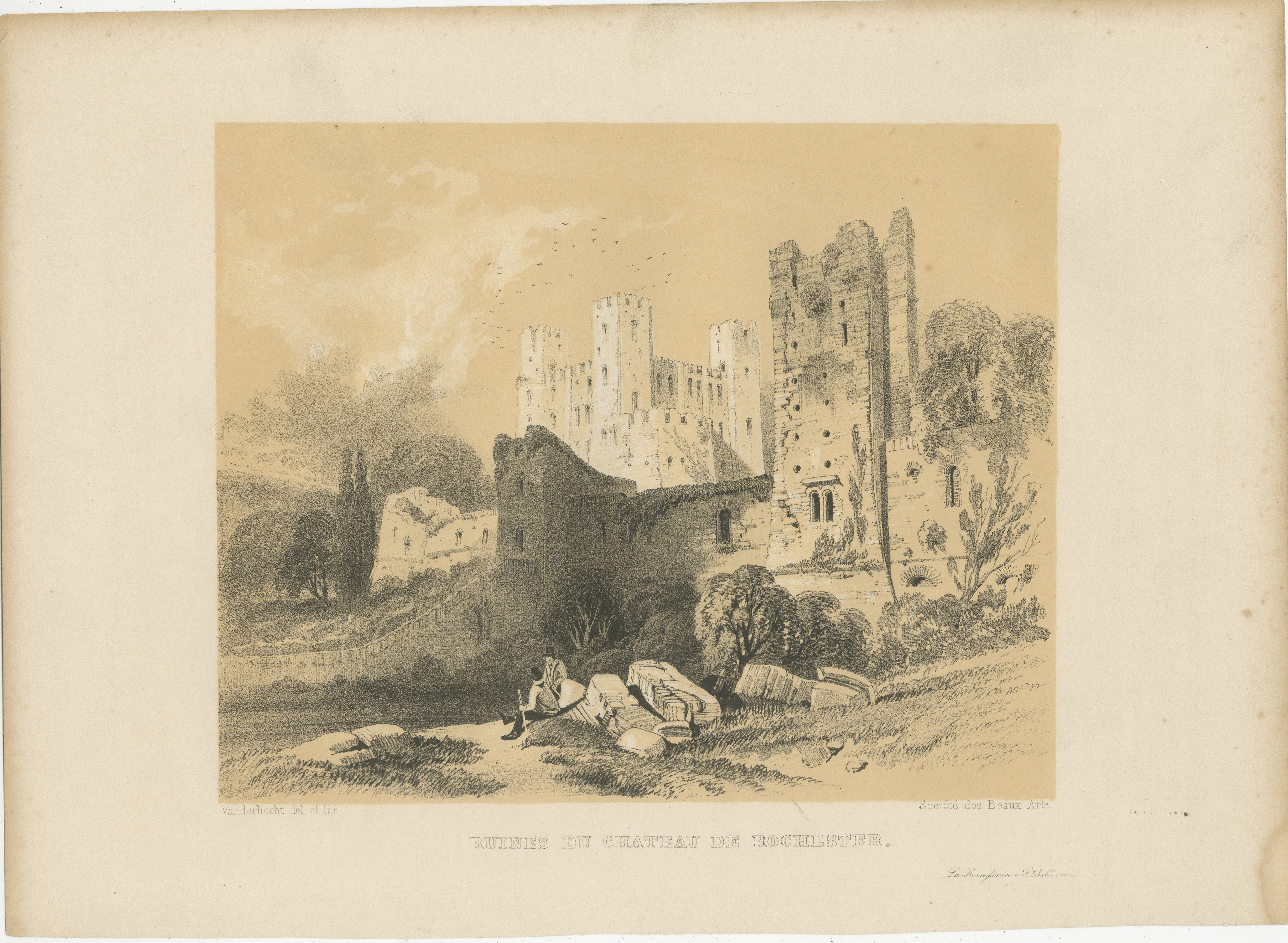 Ésta es una hermosa litografía que representa las ruinas del castillo de Rochester, un lugar de importancia histórica situado en Rochester, Kent, Inglaterra. La imagen se titula 