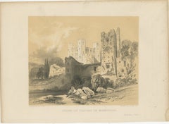 Old Print of an Idyllic Scene at the Historic Ruins of Rochester Castle, England