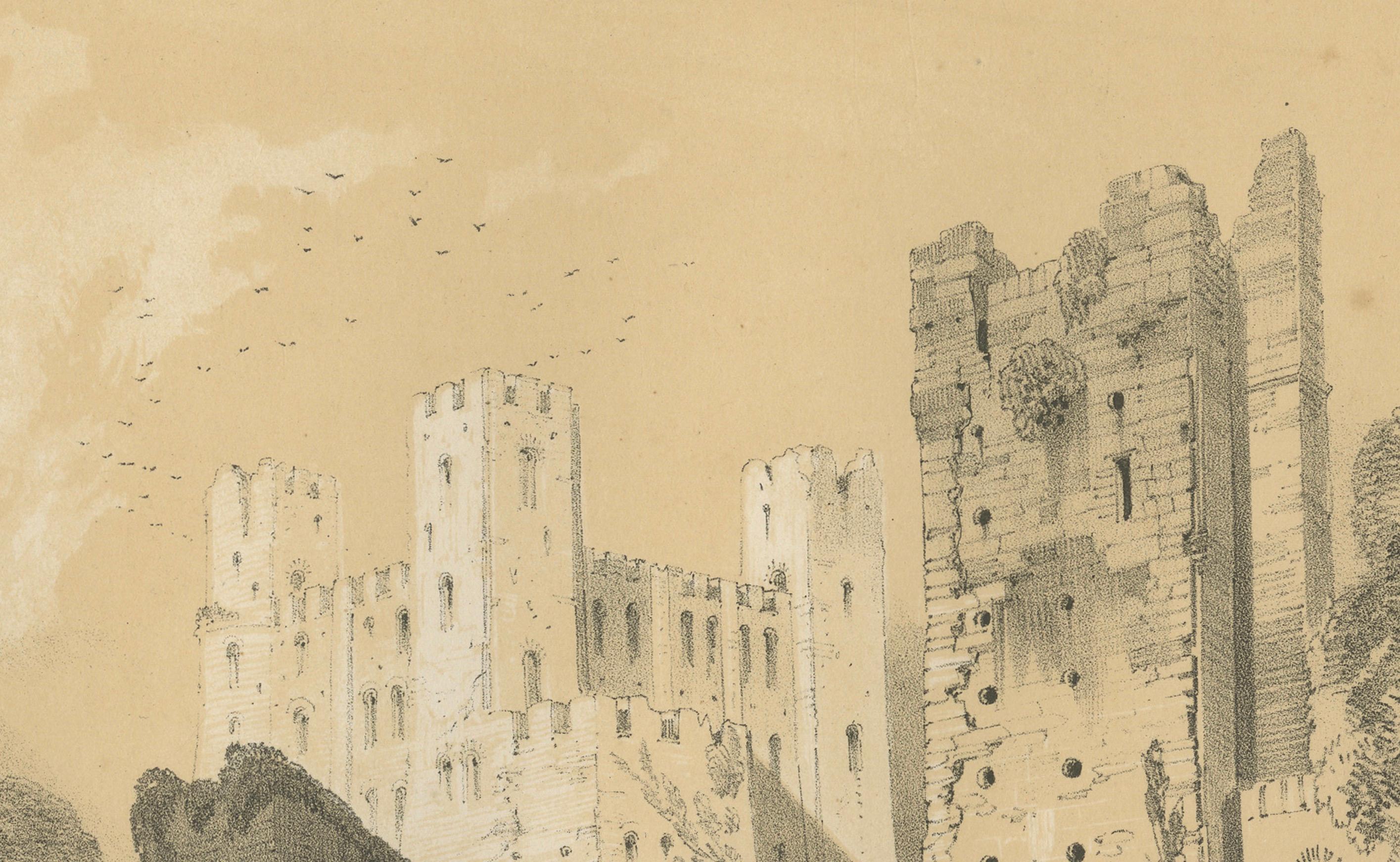 Grabado antiguo de una escena idílica en las ruinas históricas del castillo de Rochester, Inglaterra en Bueno estado para la venta en Langweer, NL