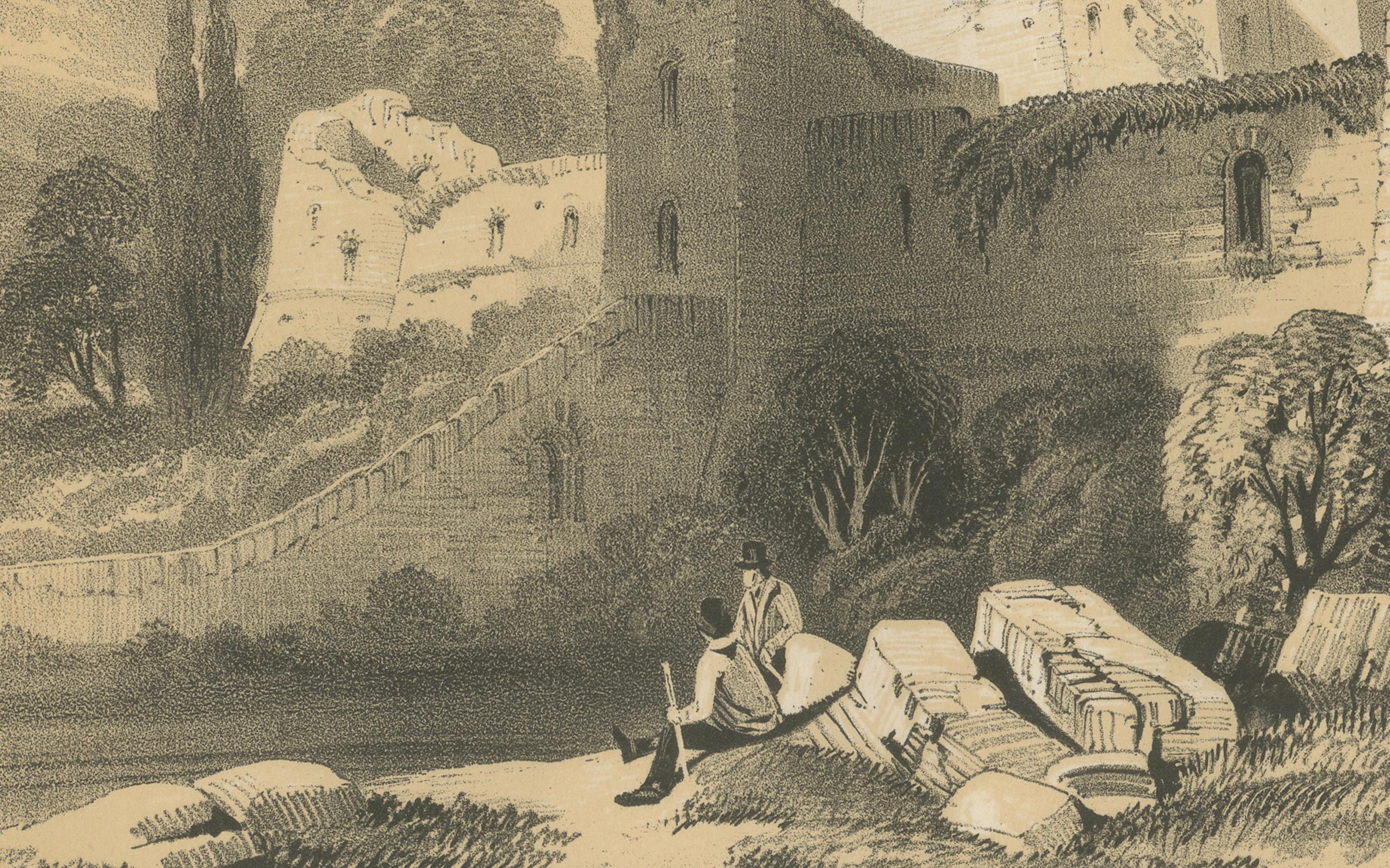 Grabado antiguo de una escena idílica en las ruinas históricas del castillo de Rochester, Inglaterra Mediados del siglo XIX en venta