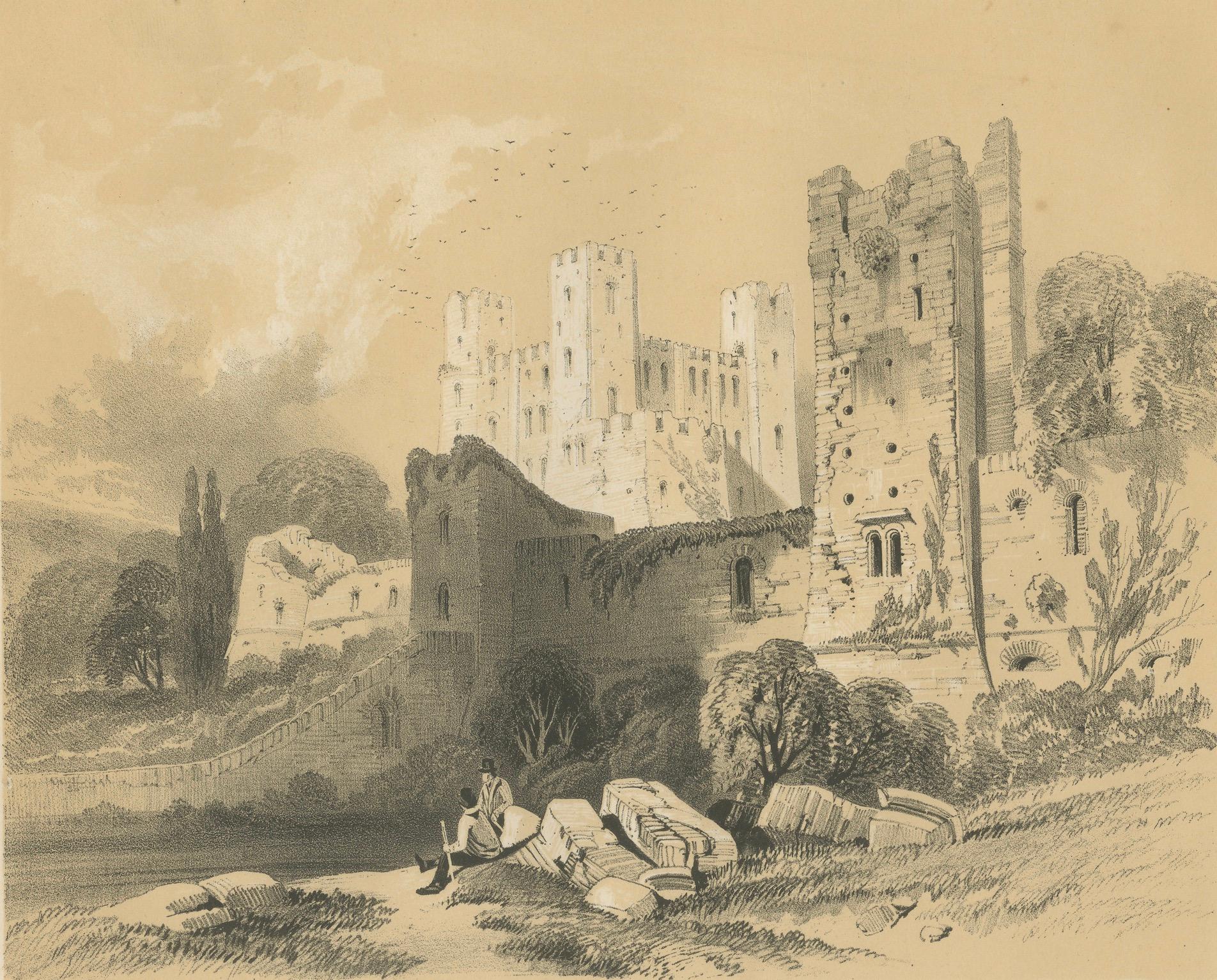 Grabado antiguo de una escena idílica en las ruinas históricas del castillo de Rochester, Inglaterra Papel en venta