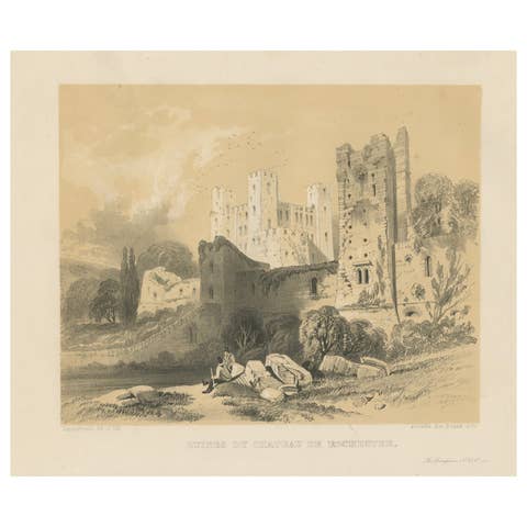 Old Print of an Idyllic Scene at the Historic Ruins of Rochester Castle, England