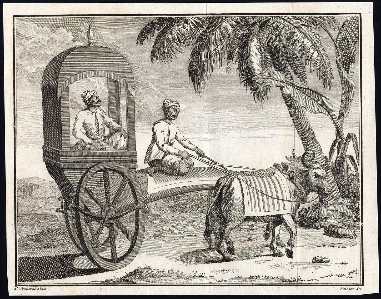 Untitled print of an oriental man, possible an Indian, in a small carriage pulled by oxen. This print originates from: 'Voyage aux Indes Orientales et a la Chine (..)', by Pierre Sonnerat, published in Paris in 1782. 

Artists and Engravers: