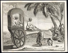 Old Print of an Oriental Man in a Small Carriage Pulled by Oxen, 1782