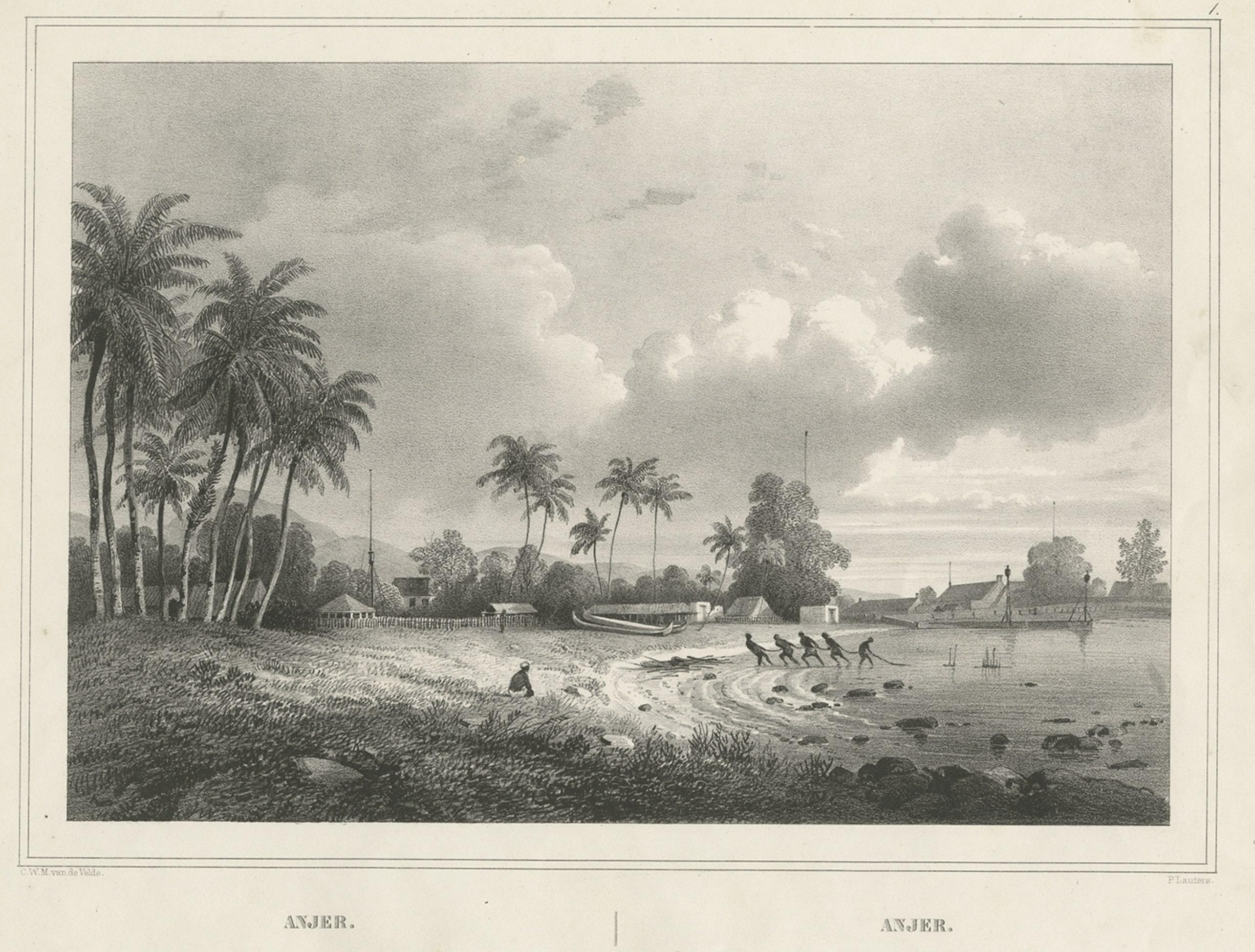Old Print of Anjer or Anyer, Küstenstadt in Banten, Westjapan, Indonesien, 1844 im Zustand „Gut“ im Angebot in Langweer, NL