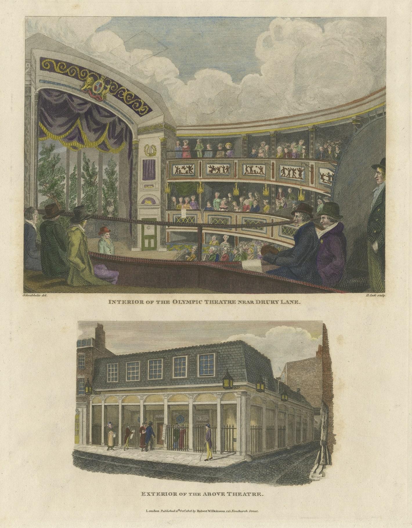 Antique print titled 'Interior of the Olympic Theatre near Drury Lane'. 

Arena and facade of the Olympic Theatre (now Aldwych). The Olympic Theatre, sometimes known as the Royal Olympic Theatre, was a 19th century London theatre, opened in 1806