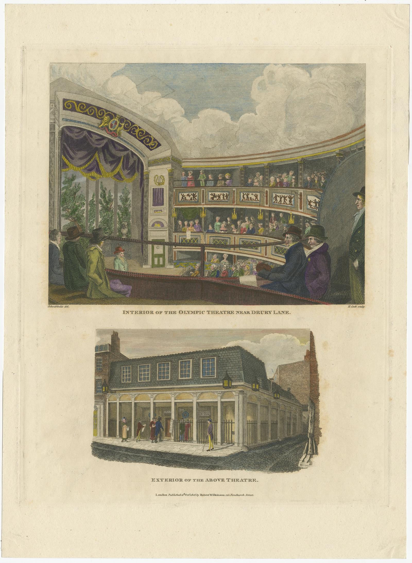 Old Print of Arena and Facade of the Olympic Theatre 'now Aldwych', London, 1816 In Good Condition For Sale In Langweer, NL