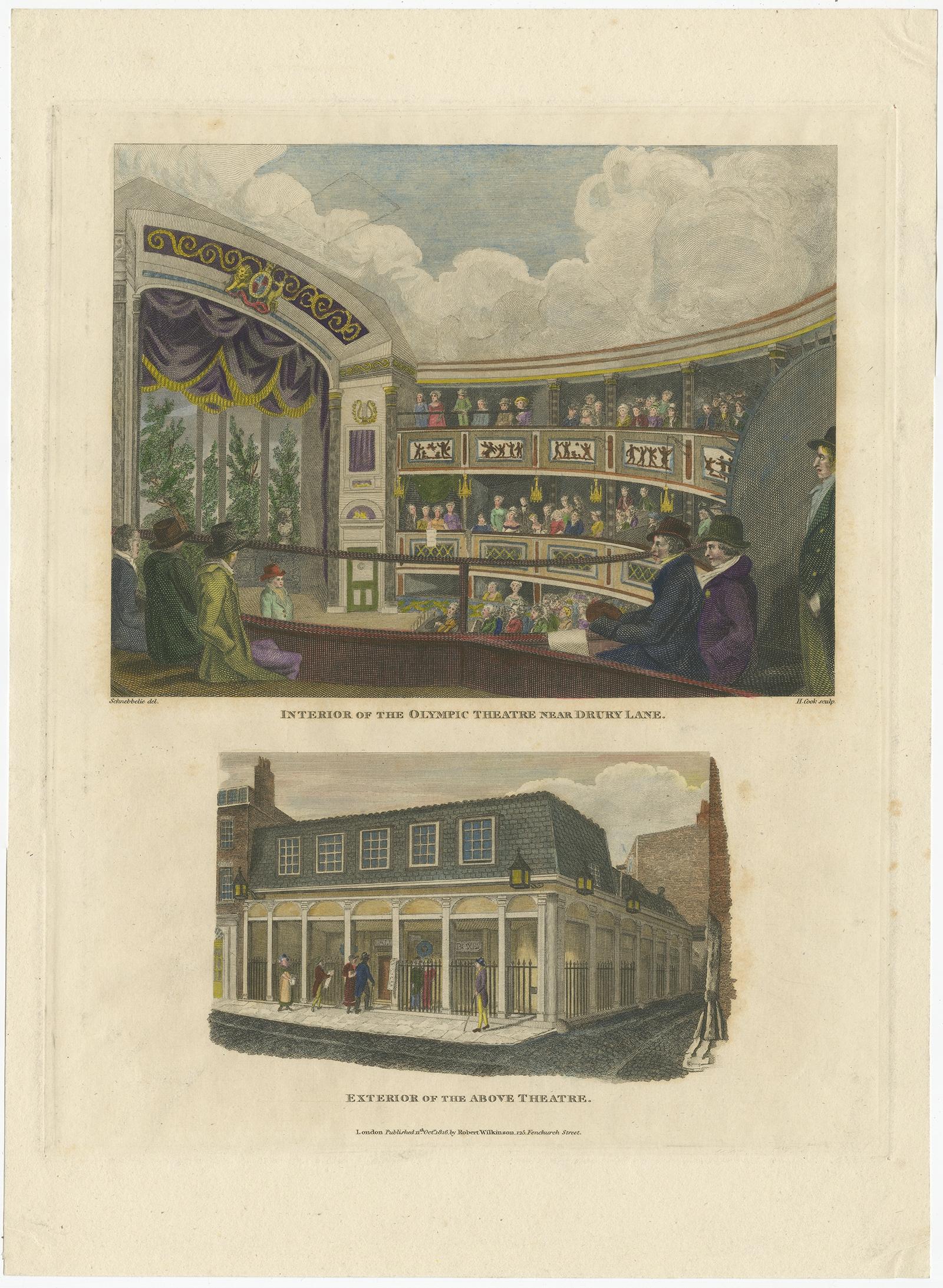 Old Print der Arena und der Fassade des Olympischen Theaters „heute Aldwych“, London, 1816 im Zustand „Gut“ im Angebot in Langweer, NL