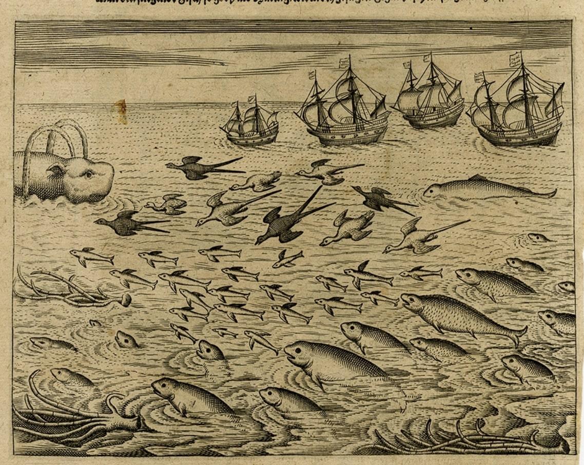 Old Print of Ascension Island with Ships, a Whale and Flying Fish, 1601 In Good Condition For Sale In Langweer, NL