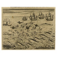 Grabado antiguo de la isla Ascensión con barcos, una ballena y peces voladores, 1601