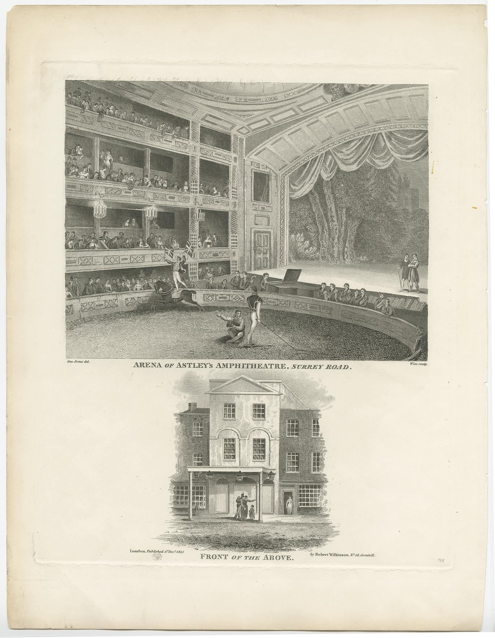 Description: Antique print titled 'Arena of Astley's Amphitheatre'. 

Arena and facade of Astley's Amphitheatre, the 1804 building, which was demolished in the 1890s, stood south of Westminster Bridge. A circus ring is shown in the position of the