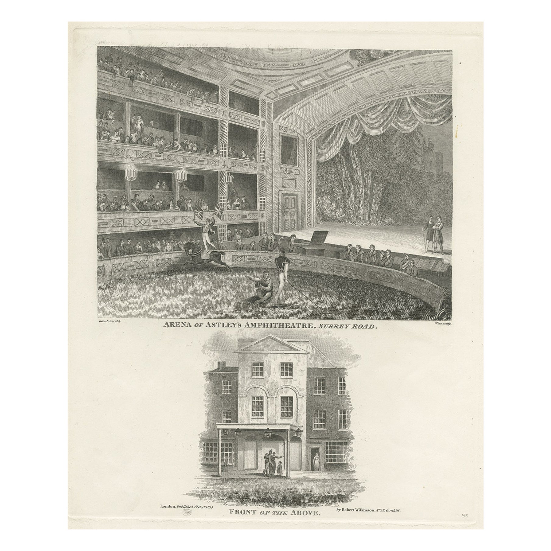 Ancienne estampe de l'Amphitheatre d'Astley, au sud du pont de Westminster, Londres, 1815 en vente
