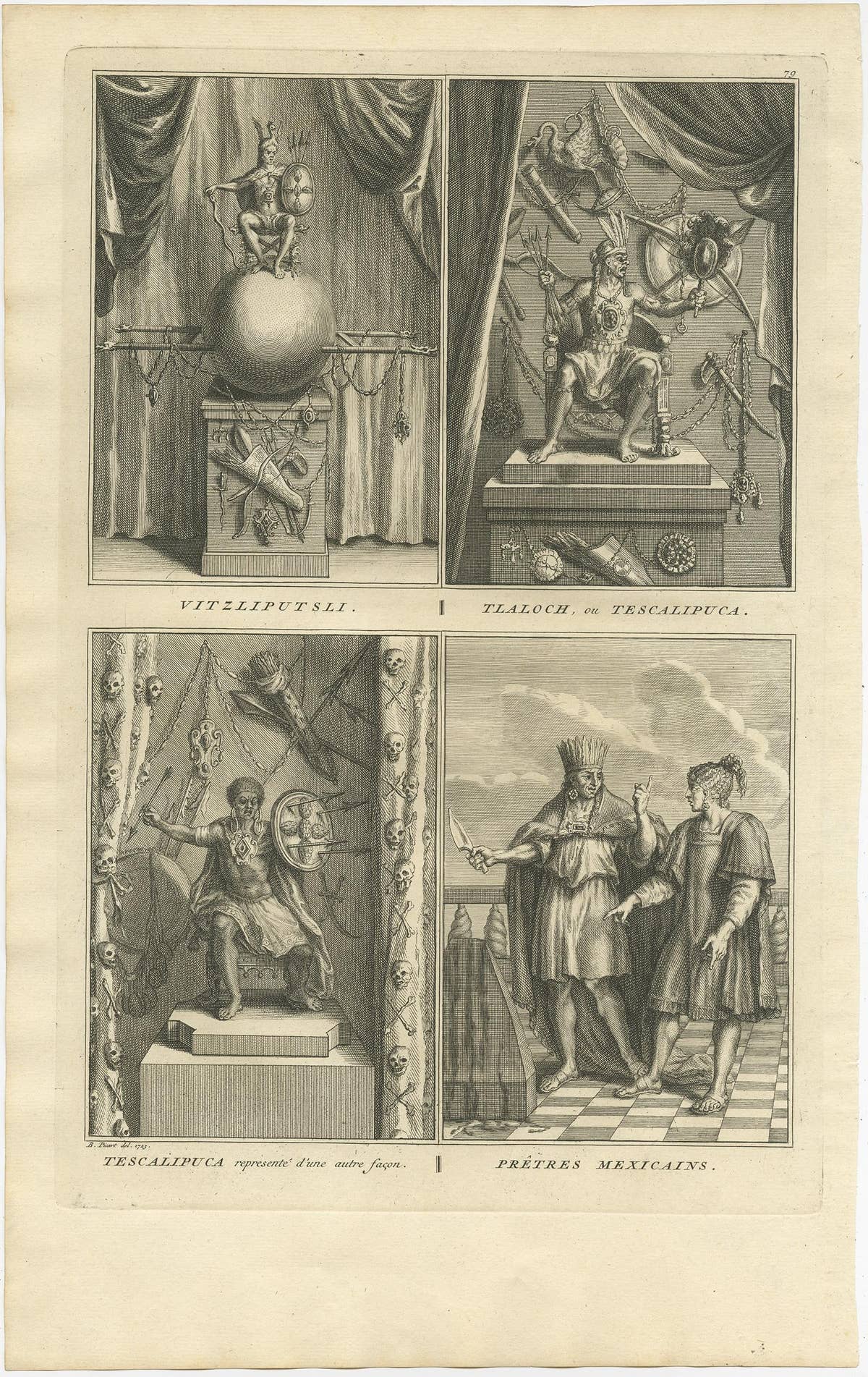 Old Print of Aztec deities Vitzliputsli, Tlaloch or Tescalipuca, Mexico, 1723
