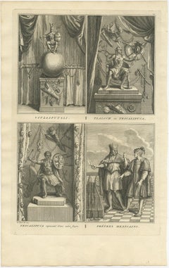Old Print of Aztec deities Vitzliputsli, Tlaloch or Tescalipuca, Mexico, 1723