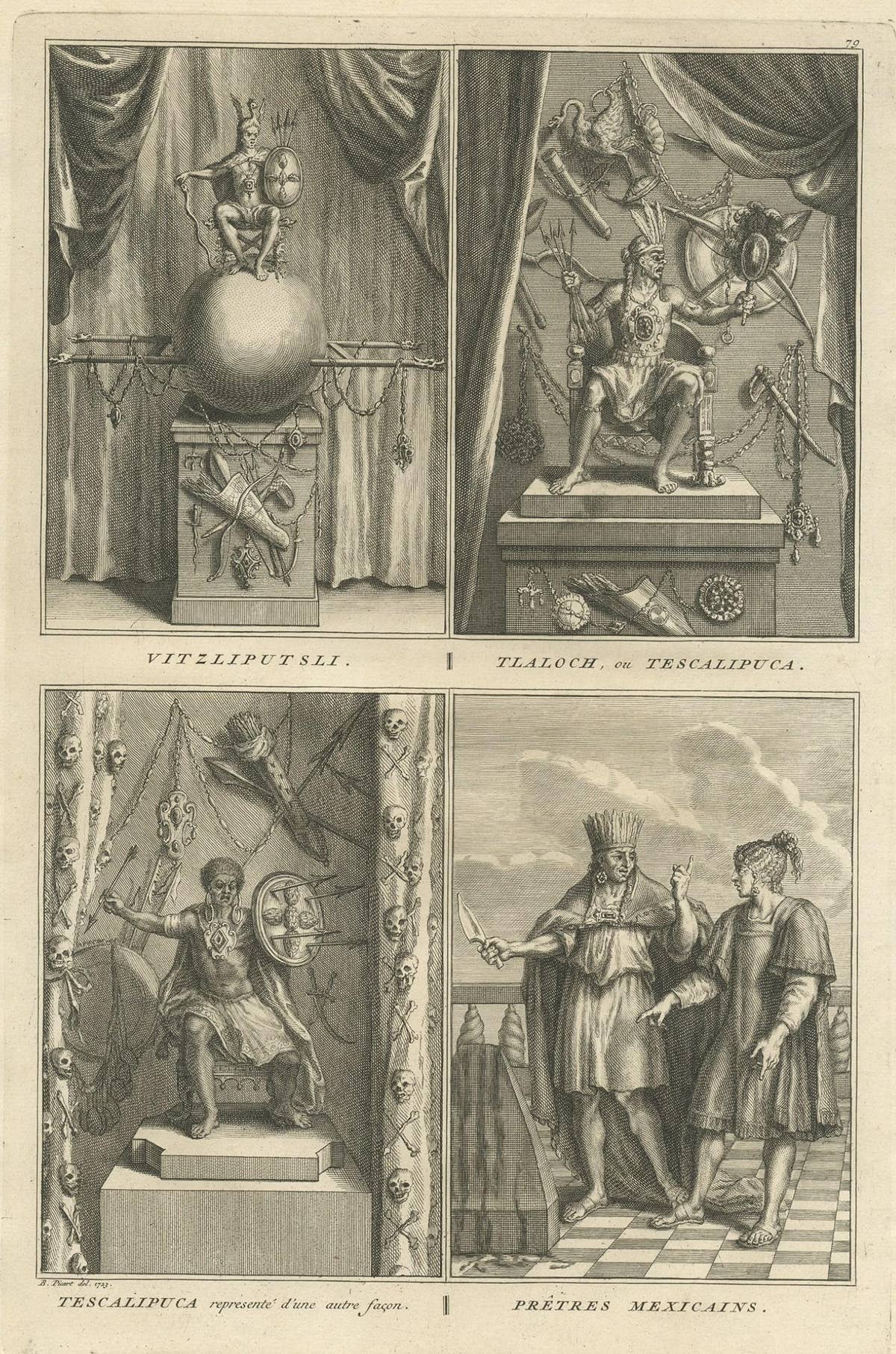 Old Print of Aztec deities Vitzliputsli, Tlaloch or Tescalipuca, Mexico, 1723